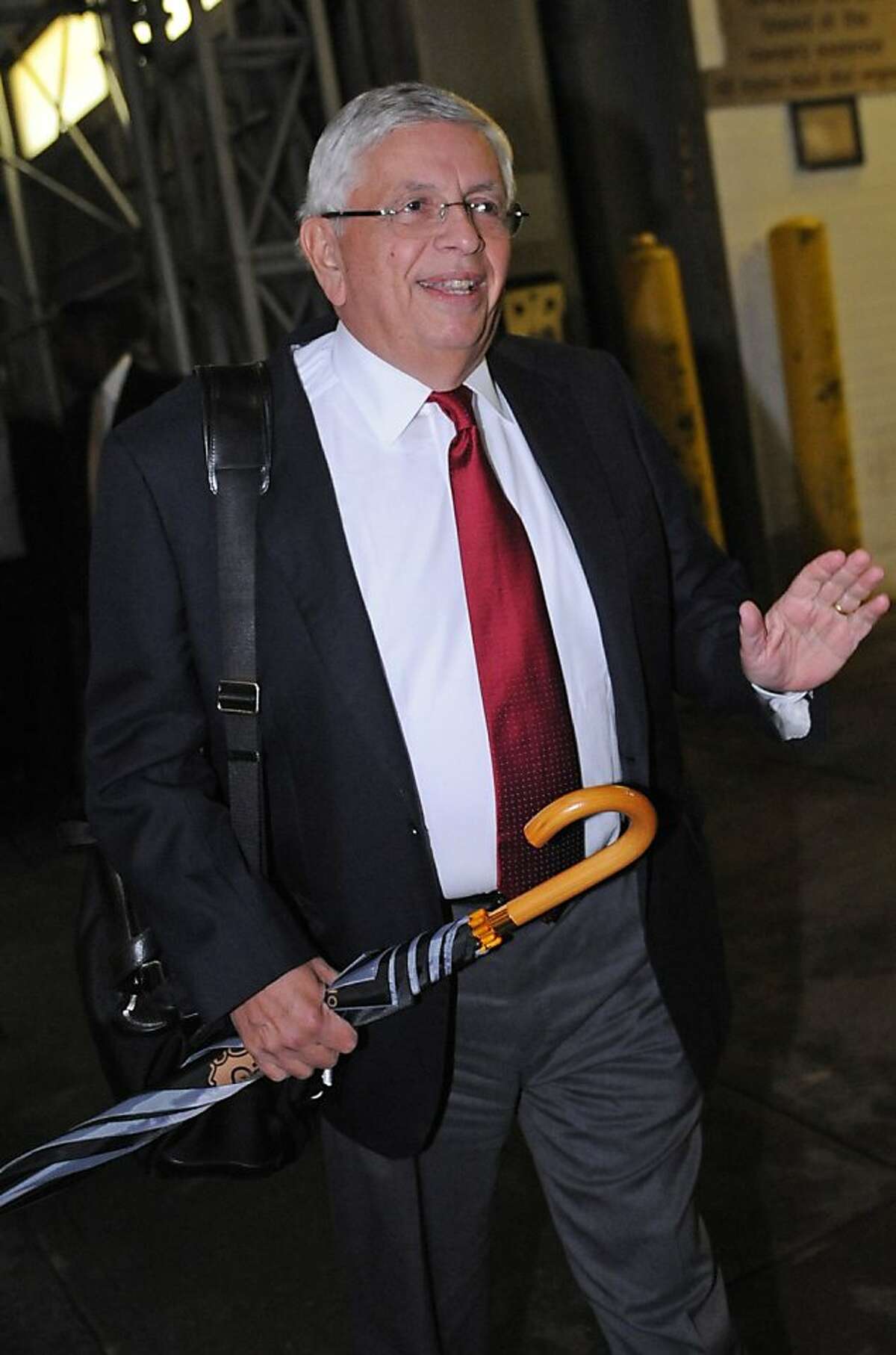 NBA Commissioner David Stern leaves the NBA labor negotiations after talks surpassed the seven-hour mark Wednesday, Oct. 19, 2011, in New York. NBA owners and players are meeting for a second straight day, shortly after finishing a 16-hour marathon with a federal mediator. (AP Photo/Louis Lanzano)