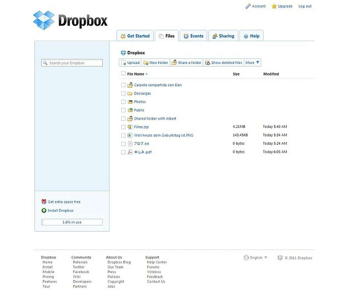 An image of Dropbox's web interface for sharing files via the cloud.