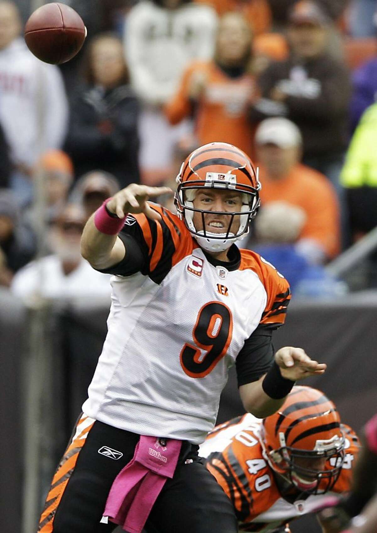 Cincinnati Bengals quarterback Carson Palmer passes against the Cleveland Browns in the first quarter of an NFL football game on Sunday, Oct. 3, 2010, in Cleveland. (AP Photo/Amy Sancetta) Ran on: 10-04-2010 Carson Palmer