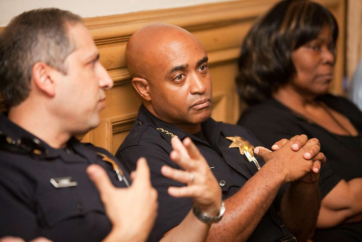 OAKLAND,CA---Oakland Chief Anthony Batts sits in the audience before Assistant Chief Howard Jordan was sworn in as the acting police chief. Batts announced his resignation just two days ago. Jordan is a 23-year veteran of the force. Ran on: 10-14-2011 Outgoing Chief Anthony Batts (center) sits on the side at the news conference. Ran on: 10-14-2011 Outgoing Chief Anthony Batts (center) sits on the side at the news conference. Ran on: 10-14-2011 Outgoing Chief Anthony Batts (center) sits on the side at the news conference.