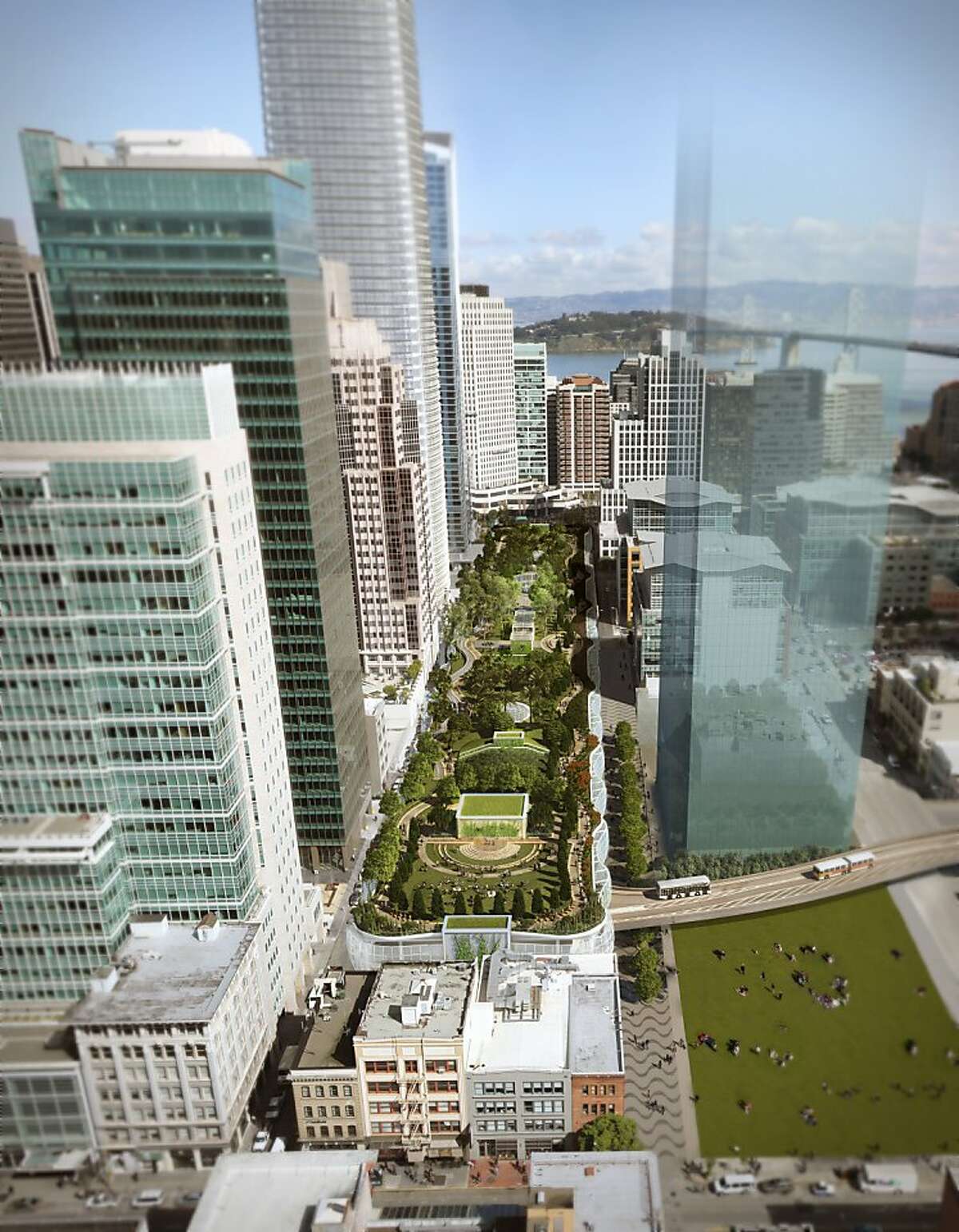The Transbay Transit Center intended to replace the Transbay Terminal would be topped by this 5.4 acre park, designed by PWP Landscape Architecture and Pelli Clarke Pelli Architects. This is a rendering; the tallest tower on the left is the proposed Transbay tower, vertical ghost on the right is possible tower site. CREDIT: Project Architect: Pelli Clarke Pelli. Renderings courtesy of the Transbay Joint Powers Authority. Ran on: 04-22-2010 The current Transbay Terminal, left; in the new design, right, the tallest tower at left is the proposed Transbay Tower, and the ghost at right is an alternate site. Ran on: 04-22-2010 At left is the current Transbay Terminal. In the new design, right, the tallest tower on the left is the proposed Transbay Tower; the ghost at right is an alternate site.