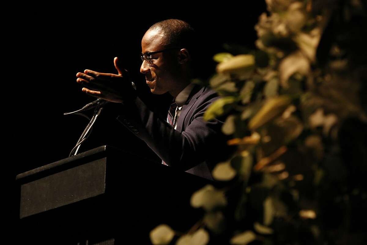 Barry Jenkins, a local filmmaker, speaks at the memorial for Graham Leggat, former Executive Director of the San Francisco Film Society, at the Palace of Fine Arts in San Francisco, Calif., on Tuesday, Oct. 4, 2011. Leggat passed away in late August after an eighteen month battle with cancer.