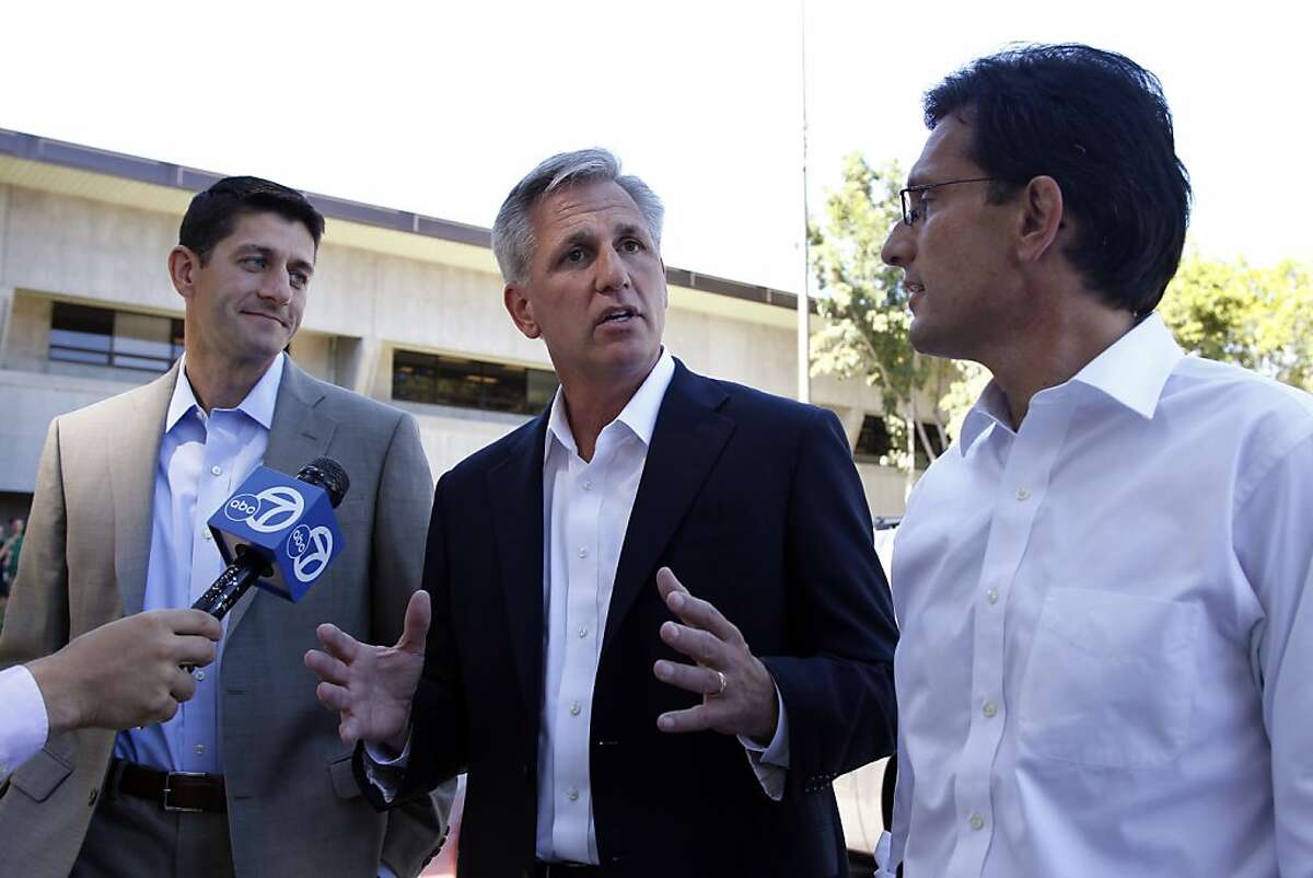House Budget Committee Chairman Rep. Paul Ryan, R-Wis., left, House Majority Whip Kevin McCarthy, of Calif., center and House Majority Leader Eric Cantor, of Va., speaks to the news media as they arrive at Facebook headquarters in Palo Alto, Calif., Monday, Sept. 26, 2011. The three came to speak to Facebook viewers. (AP Photo/Paul Sakuma)