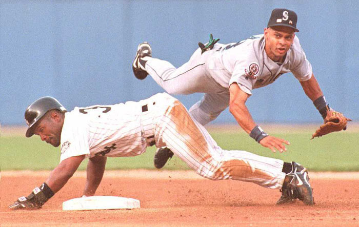 13 April, 1995: Seattle Mariners infielder Joey Cora (28) posses