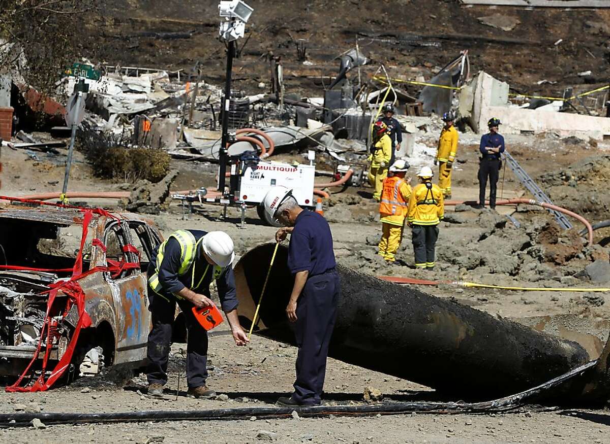 Federal investigators inspect a 40-foot section of pipeline on Glenview Drive in San Bruno, Calif. on Saturday, Sept. 11, 2010. Four people were killed and more than 35 homes destroyed after the pipeline exploded Thursday night. Ran on: 09-15-2010 After a gas explosion last week, federal investigators inspect a 40-foot section of pipeline on Glenview Drive in San Bruno. Ran on: 02-13-2011 Federal investigators study part of pipeline in San Bruno days after the September explosion. PG&E says its database lacks details on key pipeline tests. Ran on: 02-13-2011 Federal investigators study part of pipeline in San Bruno days after the September explosion. PG&E says its database lacks details on key pipeline tests. Ran on: 06-05-2011 Federal investigators, seen last year at the blast site, are still trying to figure out where the faulty pipeline, installed in 1956, came from.