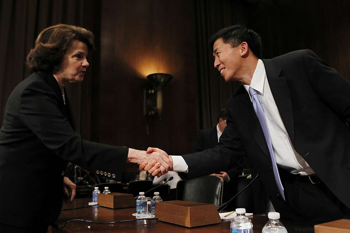 California law professor Goodwin Liu, President Barack Obama's nominee for a seat on the 9th U.S. Circuit Court of Appeals, is greeted on Capitol Hill in Washington, Friday, April 16, 2010, by Senate Judiciary Committee member Sen. Dianne Feinstein, D-Calif., prior to his testifying before the Senate Judiciary Committee. (AP Photo/Charles Dharapak) Ran on: 04-17-2010 Sen. Dianne Feinstein greets Goodwin Liu on Capitol Hill before his appearance at the Senate Judiciary Committee. Ran on: 04-17-2010 Sen. Dianne Feinstein greets Goodwin Liu on Capitol Hill before his appearance at the Senate Judiciary Committee.
