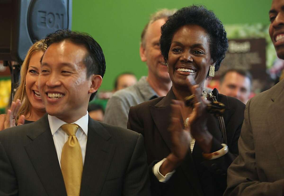 Supervisor David Chiu and past supervisor Enola Maxwell (middle) at the opening of Fresh & Easy Neighborhood Market, the first new grocery store in Bayview-Hunters Point neighborhood in over 20 years in San Francisco, Calif., on Wednesday, August 24, 2011.