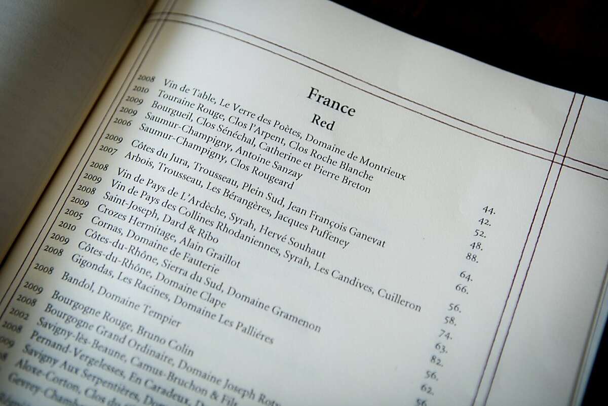 A page from the Chez Panisse wine list is seen in on Thursday, Aug. 18, 2011 in Berkeley, Calif.