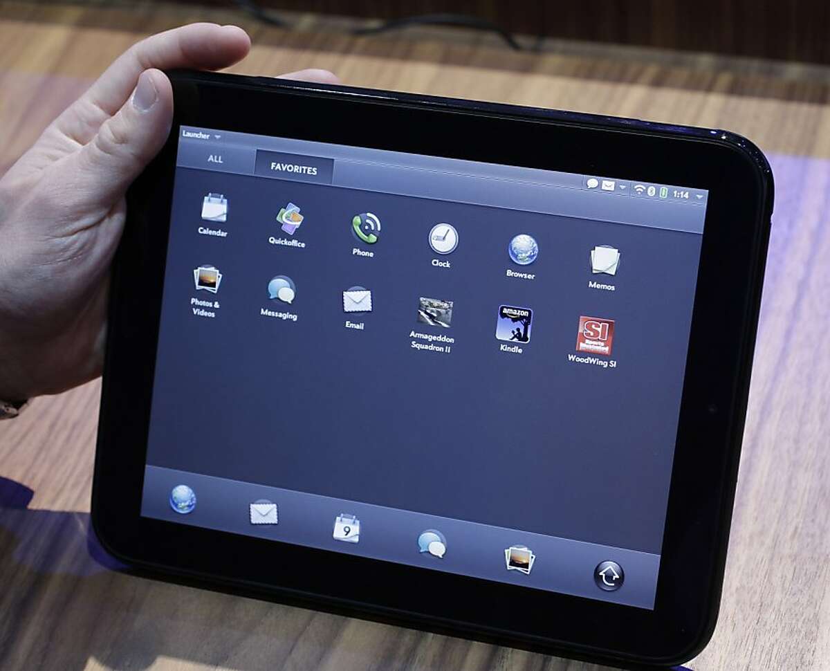 Close up of a Hewlett Packard TouchPad during a Palm and Hewlett Packard announcement in San Francisco, Wednesday, Feb. 9, 2011. (AP Photo) Ran on: 02-10-2011 HPs TouchPad will have the same dimensions as Apples iPad, and includes a front-facing camera. Ran on: 03-15-2011 The TouchPad, Hewlett-Packards tablet, is scheduled to ship in June.