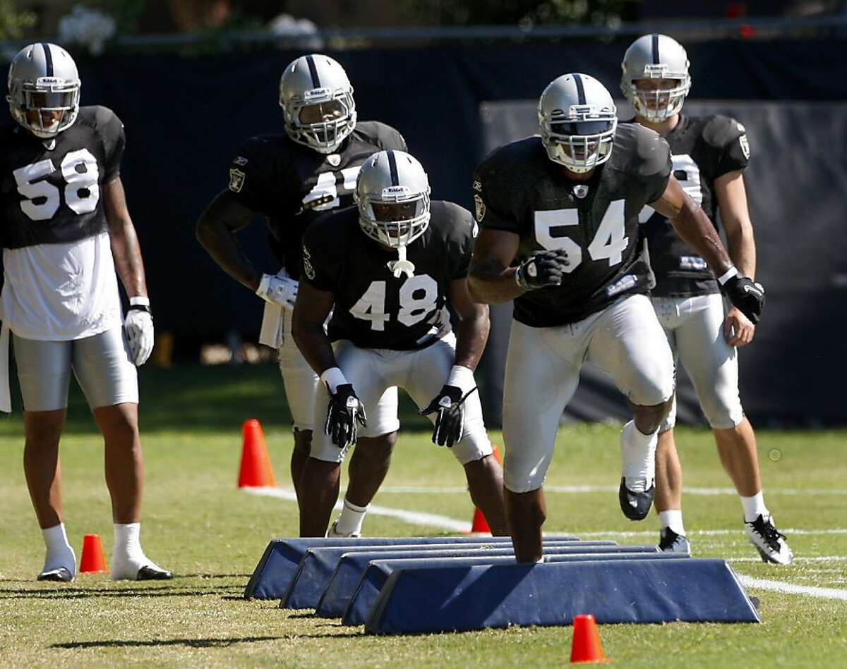 The Raiders linebacker Sam Williams (54) worked on an agility drill. The Oakland Raiders held their regular afternoon workout in Napa, Calif. Wednesday August 17, 2011. Their next preseason game is against the San Francisco 49ers.