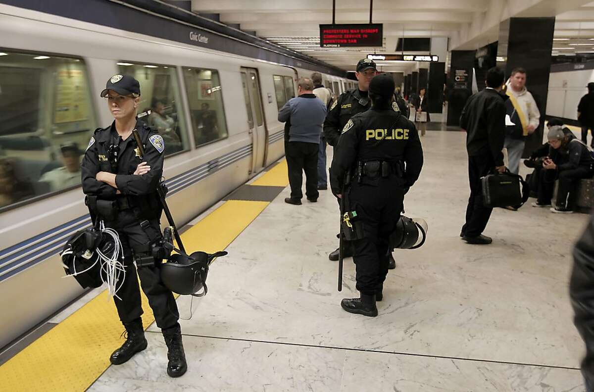 BART police officers were out in force to prevent any disruptions from a protest sponsored by the "No Justice, No BART" group. The protest did not materialize during the evening commute, on Thursday August 12, 2011. The protest was to be in response to the officer-involved shooting in July, 2011.