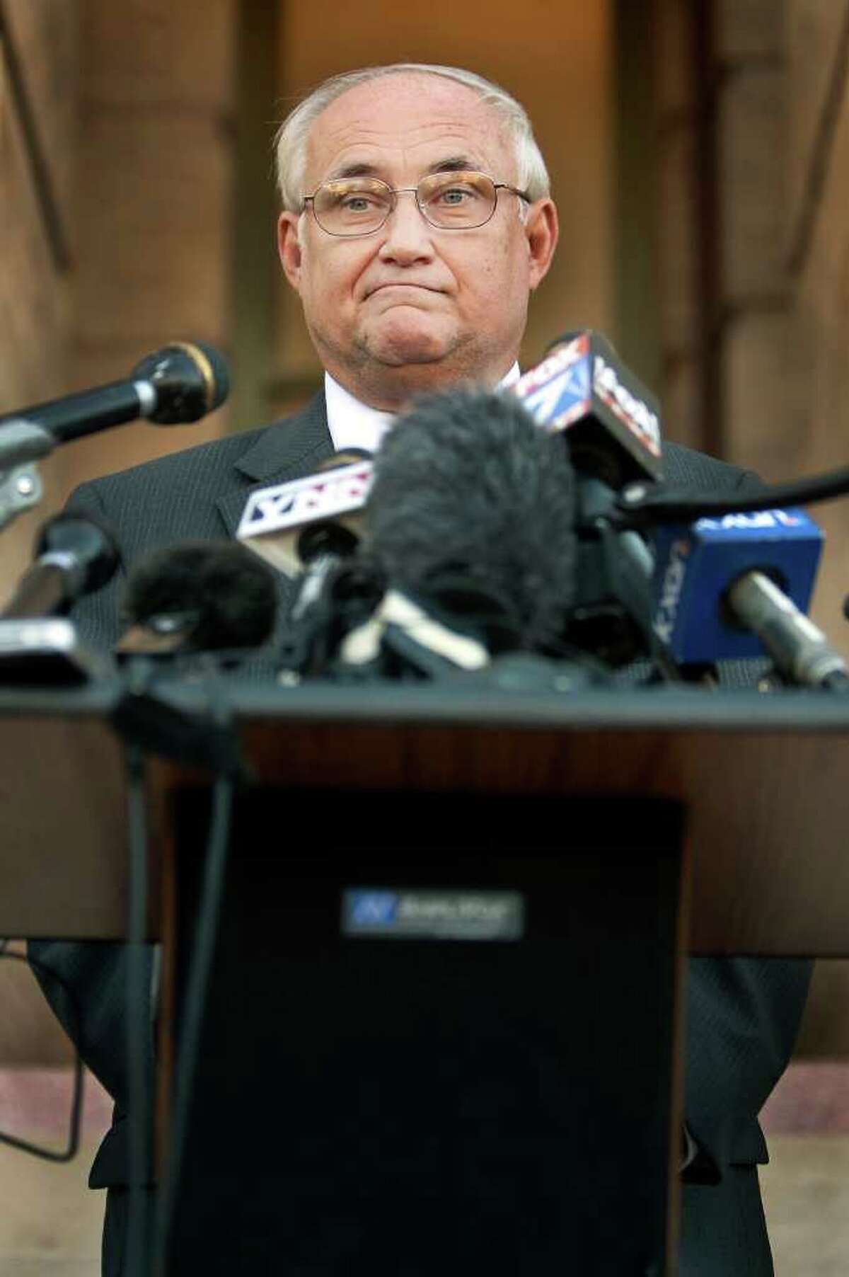 In the Nov. 16, 2011 file photo, Williamson County District Judge Ken Anderson gestures at a news conference in Georgetown, Texas.