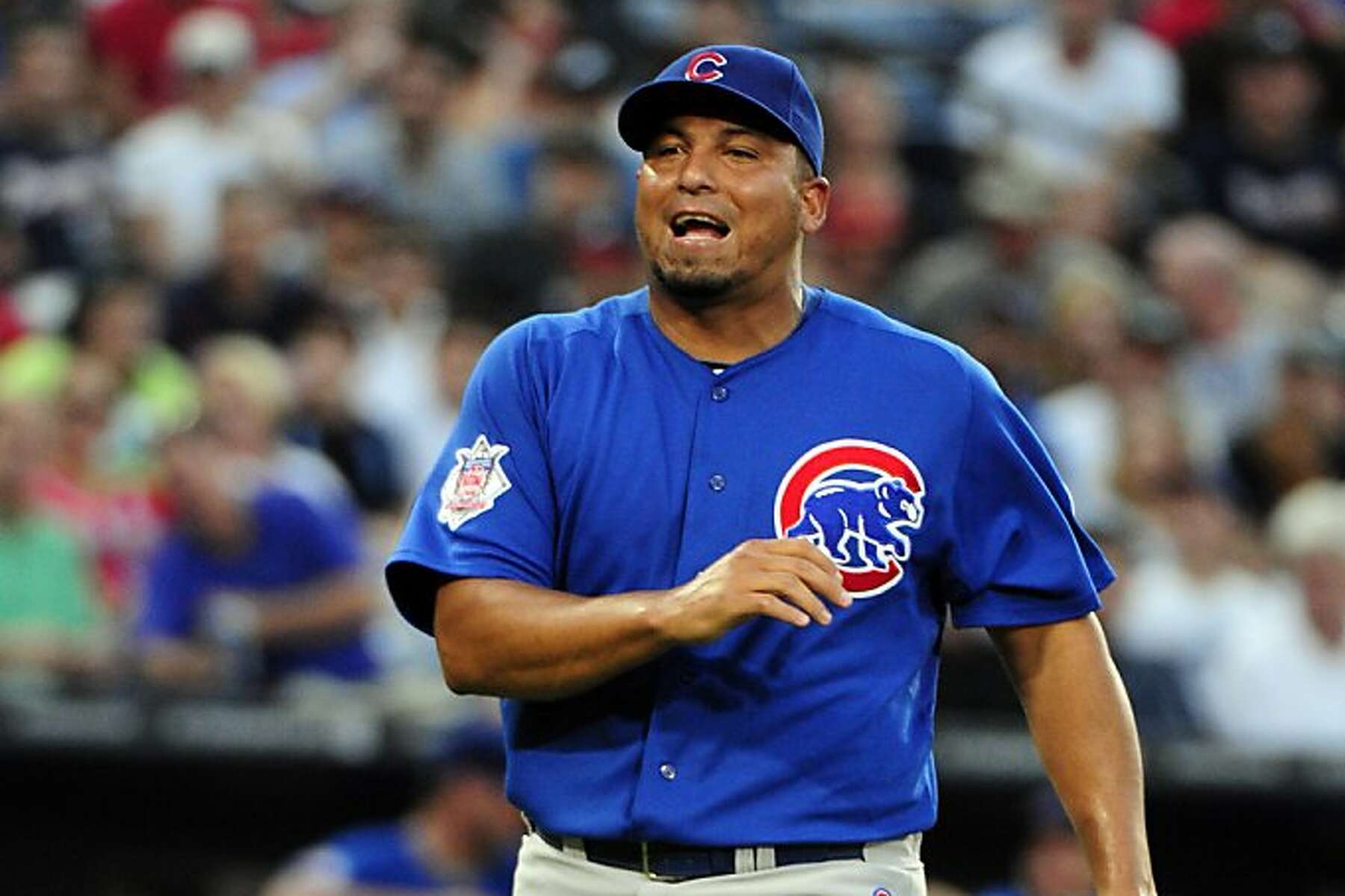 Chicago Cubs starting pitcher Carlos Zambrano (38) reacts after