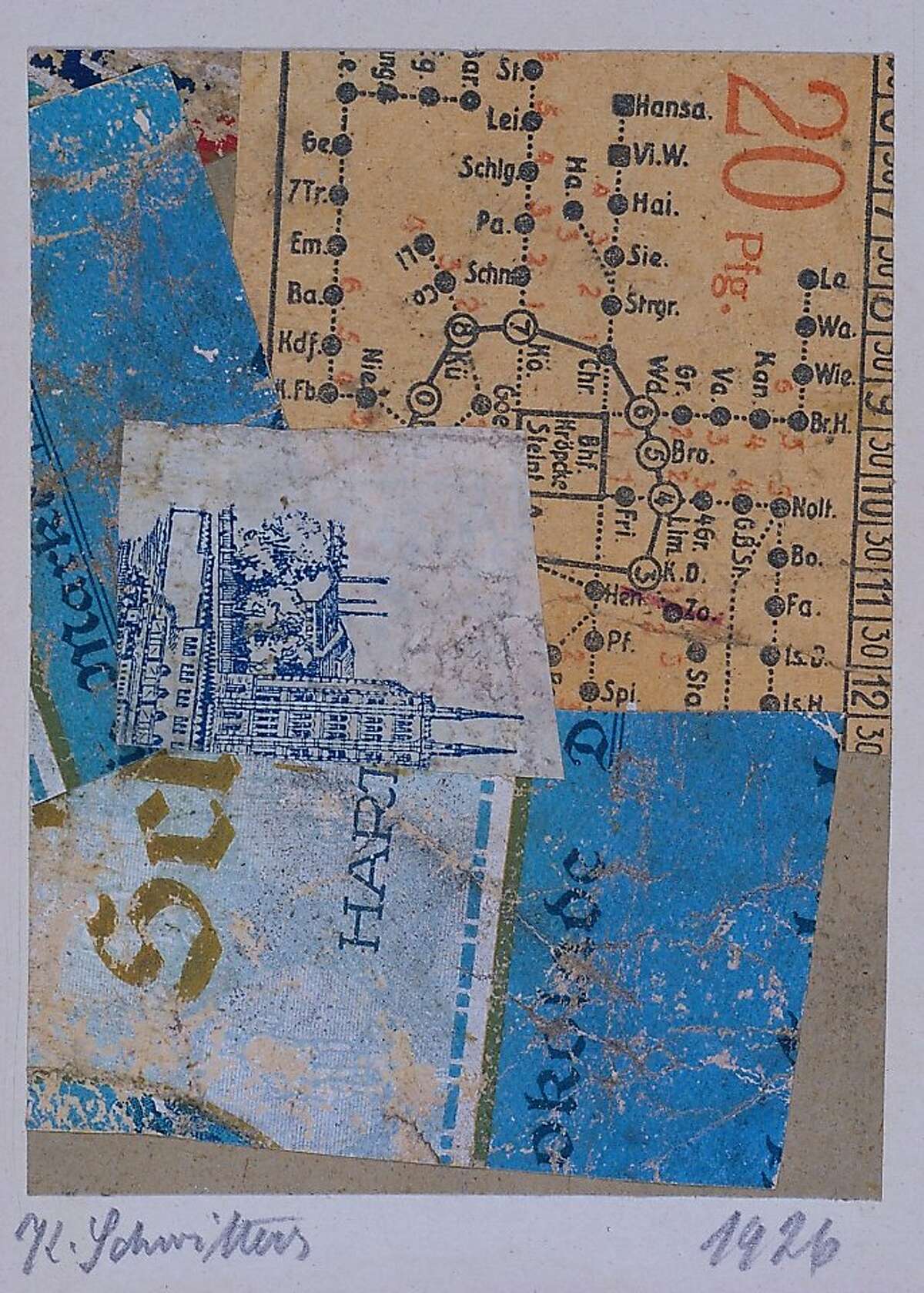 "Untitled (okolade)" (1926) collage of cut, printed and marbelized papers on paperboard by Kurt Schwitters