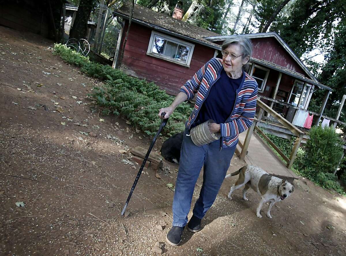 Lynne Gravier walks around her new home, spreading corn for birds. Lynne Gravier, a Mendocino County woman who has been feeding bears for many years, had her home raided by state Fish and Game officials and has had to vacate her place above Laytonville, Calif.
