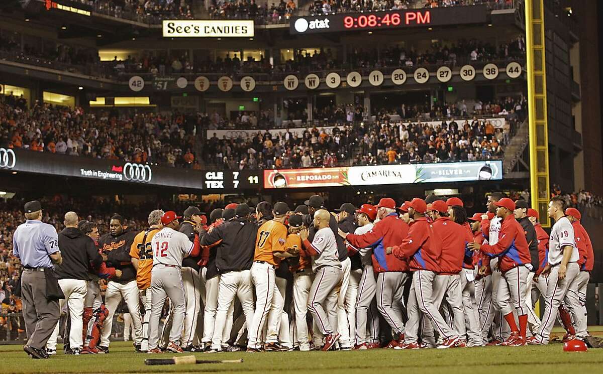 The San Francisco Giants and Philadelphia Phillies brawl during the sixth inning Friday in San Francisco.