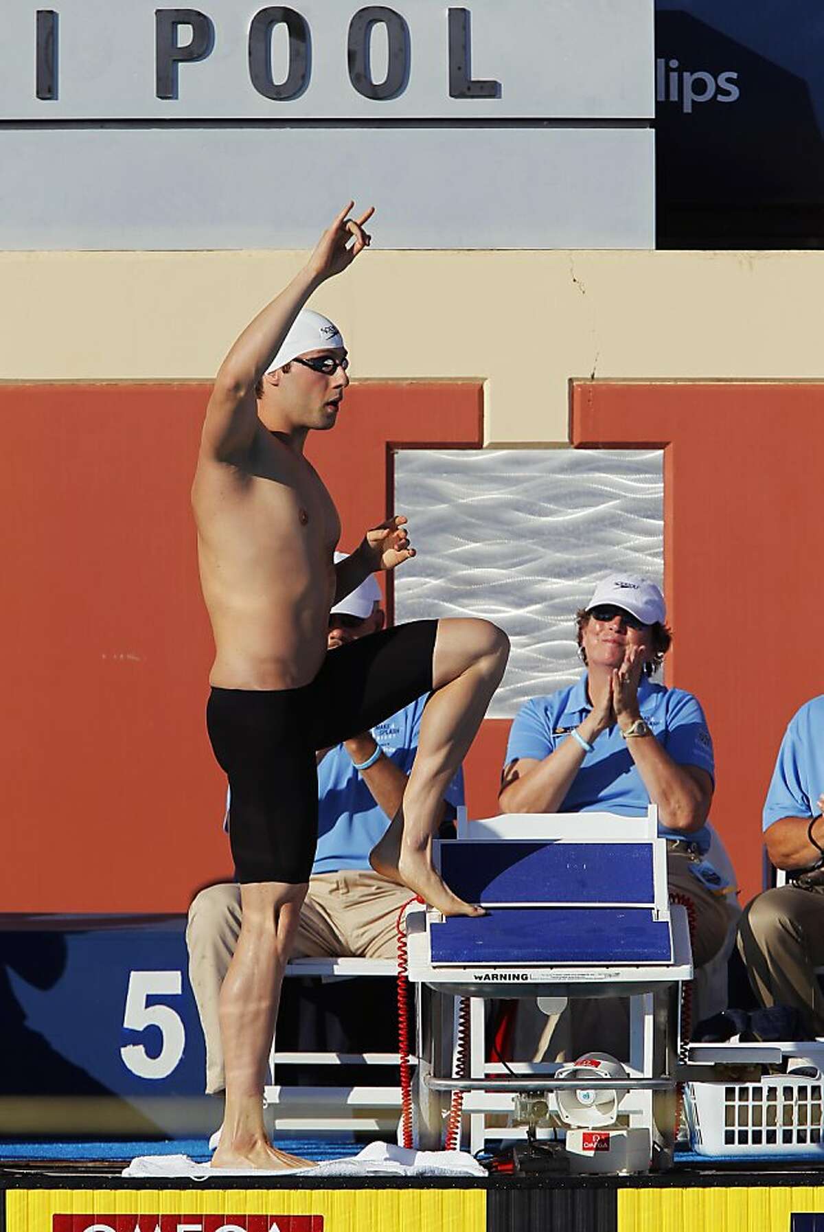 Garrett Weber-Gale steps onto the block enroute to a win in the men's 100 meter freestyle in nationals at Stanford University's Avery Aquatic Center on August 5, 2011 in Palo Alto, California.