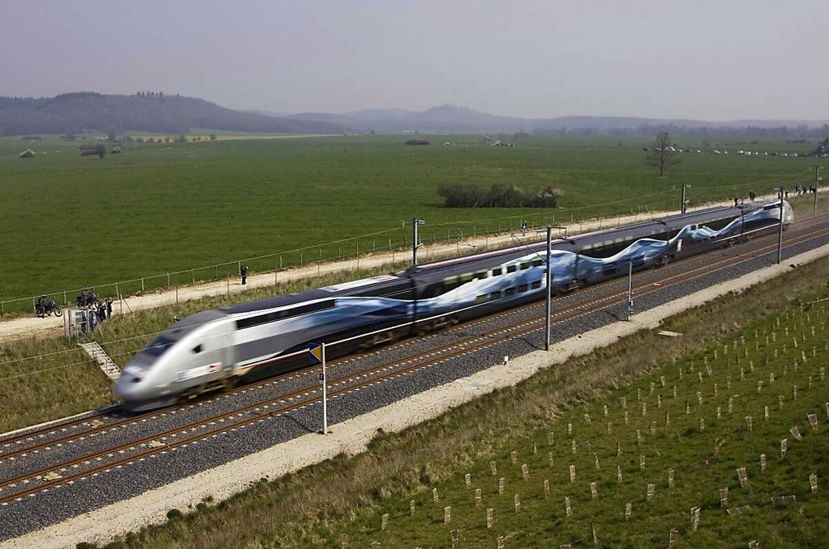 The high-speed French train broke a world speed record, on April 3, 2007, reaching 357.2 mph near Grigny in rural, eastern France. It normally runs at 185 mph.