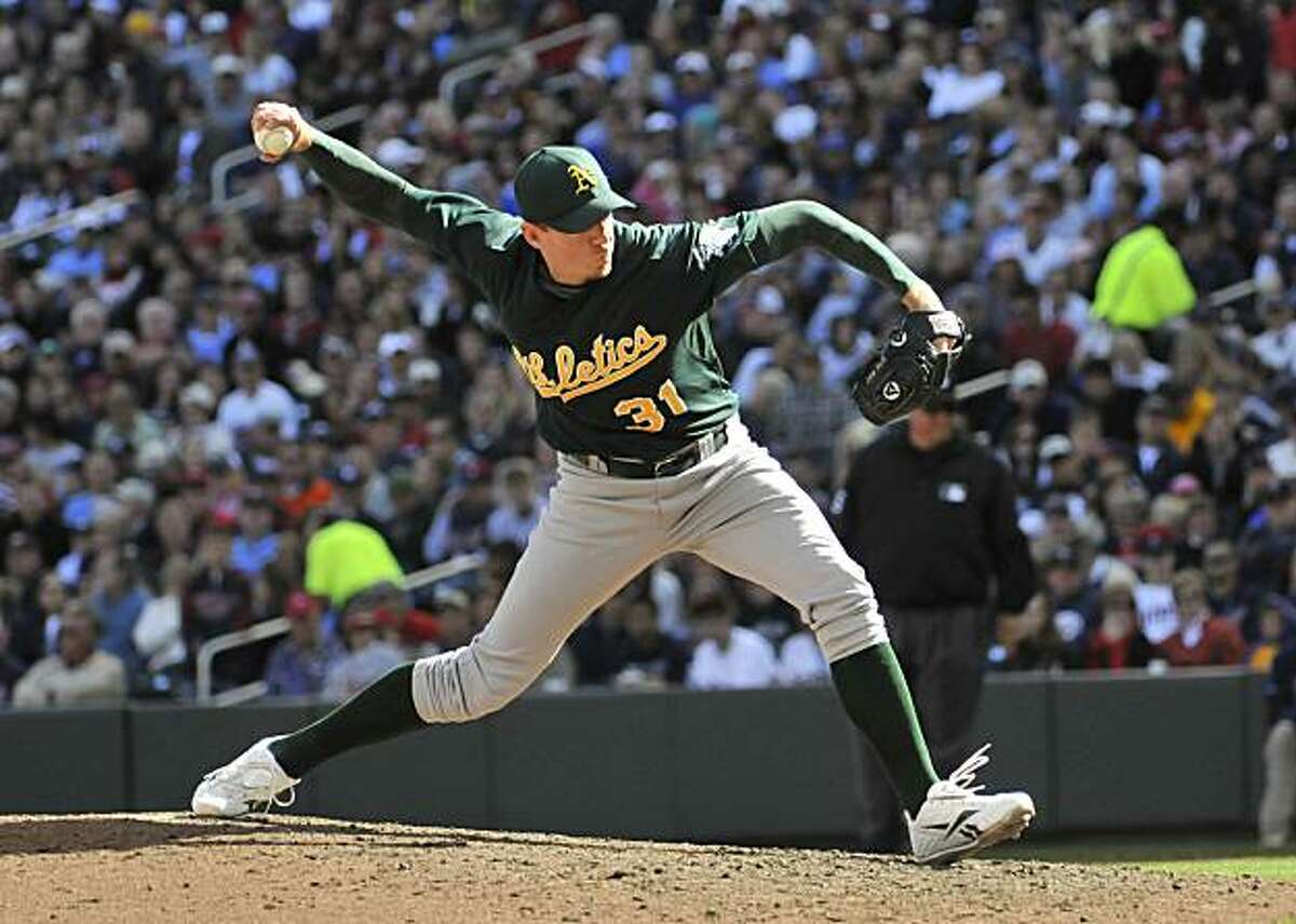 Oakland Athletics reliever Brad Ziegler pitches against the Minnesota Twins during a baseball game on Sunday, Sept. 19, 2010, at Target Field in Minneapolis.