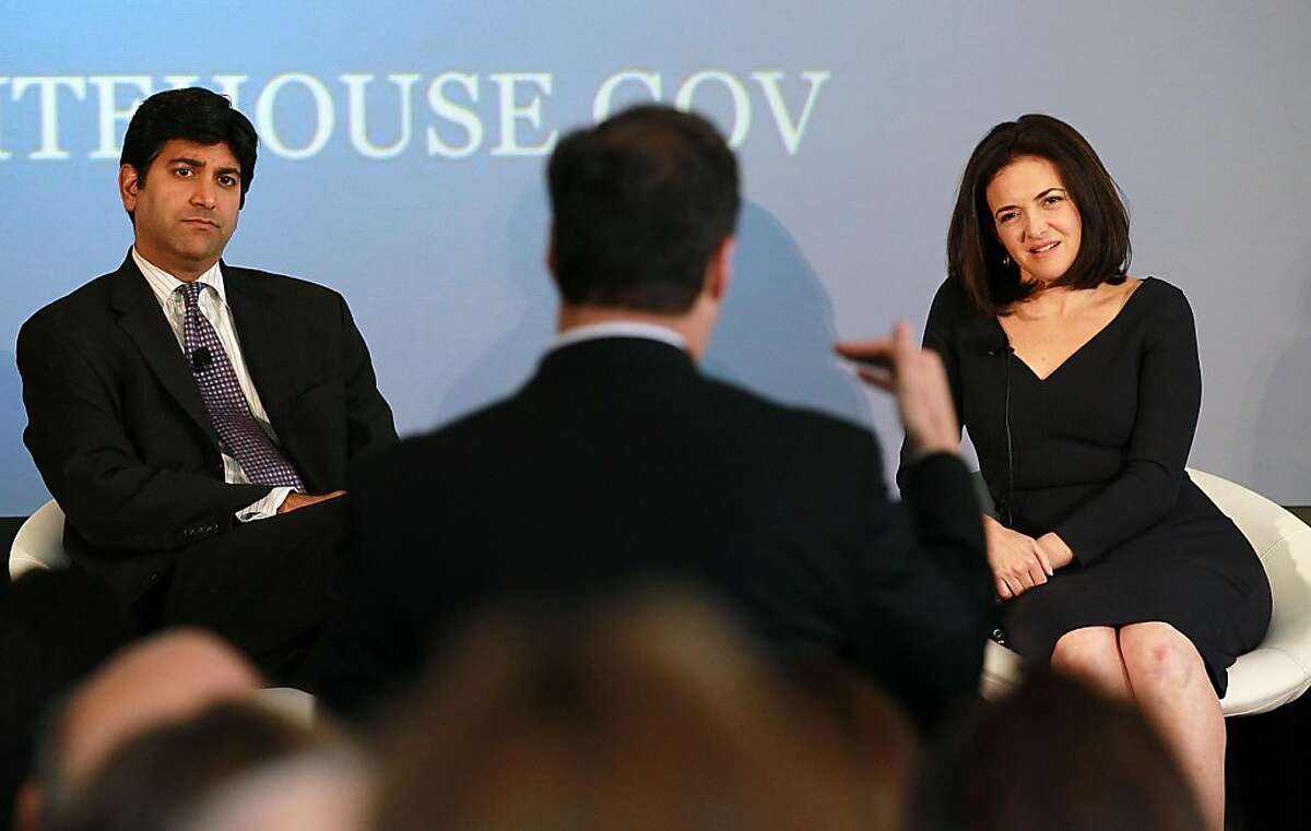 PALO ALTO, CA - AUGUST 02: Aneesh Chopra (L), Chief Technology Officer of the United States, and Facebook COO Sheryl Sandberg (R) field a question from the audience during the President's Council on Jobs and Competitiveness High Growth Business and Entrepreneurship Listening and Action Session at the VMware headquarters on August 2, 2011 in Palo Alto, California. Jobs Council members, administration officials and Silicon Valley leaders spoke with entrepreneurs about how public and private sectors can partner to create jobs through innovation.