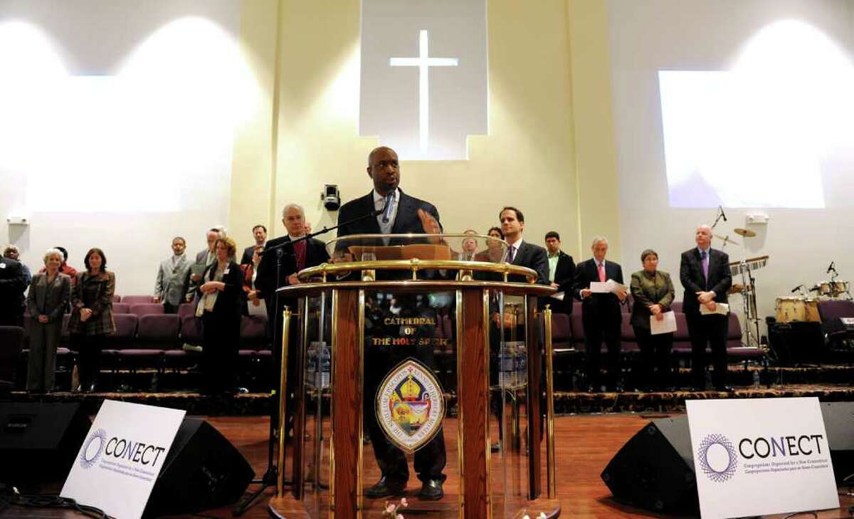 Rev. Anthony Bennett, of Mount Aery Baptist Church in Bridgeport and Co-Chair of CONECT (Congregations Organized for a New Connecticut) held their founding assembly at the Cathedral of the Holy Spirit Church in Bridgeport, Conn. on Wednesday November 30, 2011.