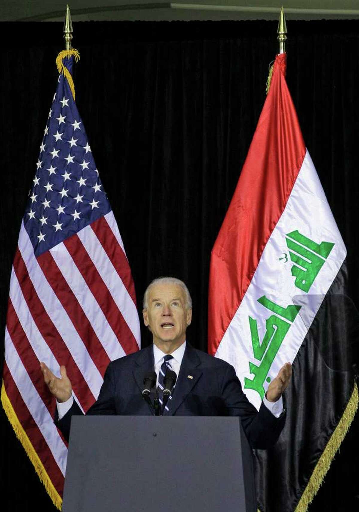 U.S. Vice President Joe Biden speaks during a special ceremony at Camp Victory, one of the last American bases in this country where the U.S. military footprint is swiftly shrinking in Baghdad, Iraq, Thursday, Dec. 1, 2011. Vice President Joe Biden thanked U.S. and Iraqi troops for sacrifices that he said allowed for the end of the nearly nine-year-long war, even as attacks around the country killed 20 people, underscoring the security challenges Iraq still faces. (AP Photo/Khalid Mohammed)