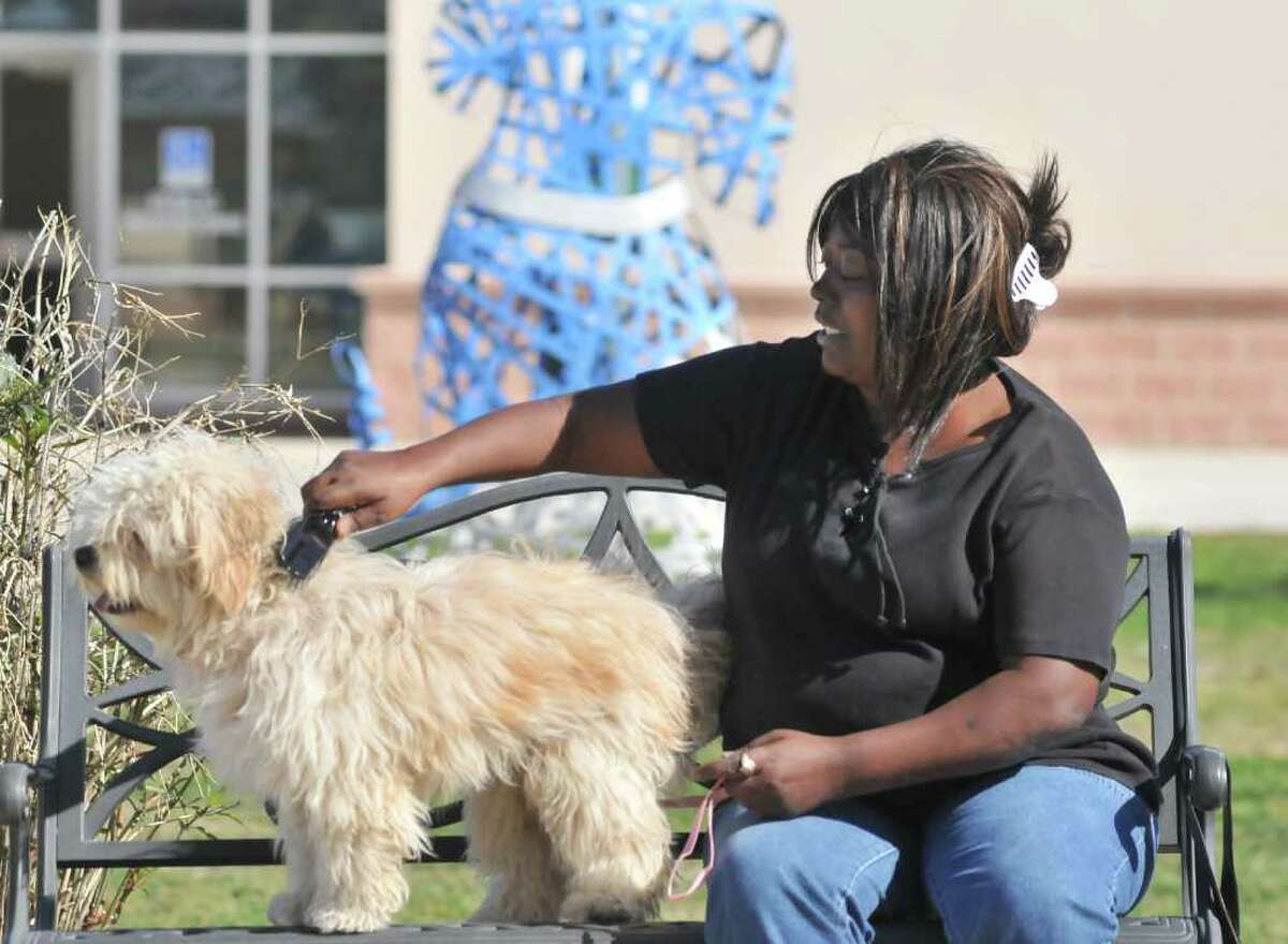 Christine Sattiewhite brushes her as-yet-unnamed dog that she adopted from San Antonio Animal Care Services.