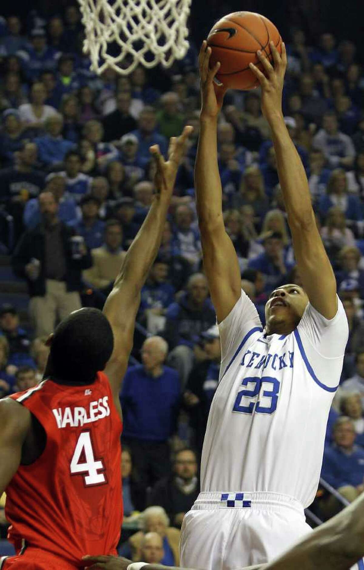 Kentucky freshman Anthony Davis (right) pulled down 15 rebounds to go with his 15 points and eight blocks.