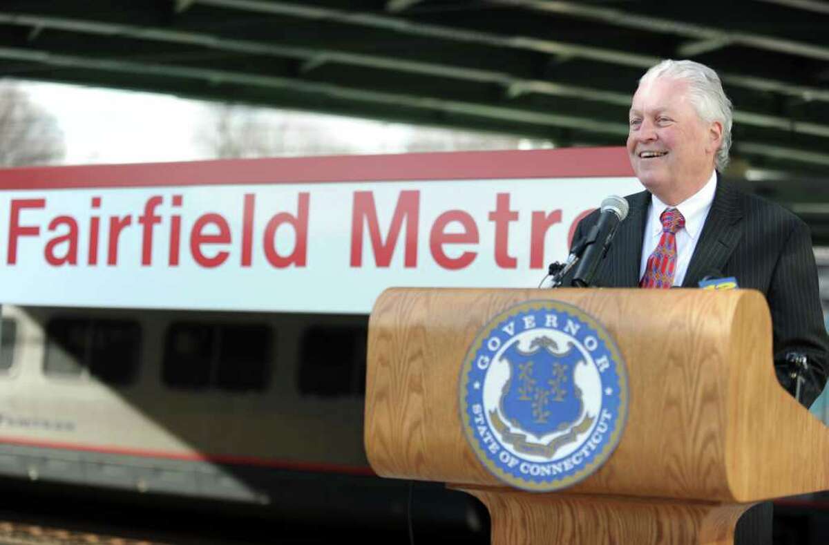 First Selectman Michael Tetreau stands on the platform at the new Fairfield Metro Station as a train passes Friday, Dec. 2, 2011 during a ceremony to mark the official opening of Fairfieldís third railroad station.