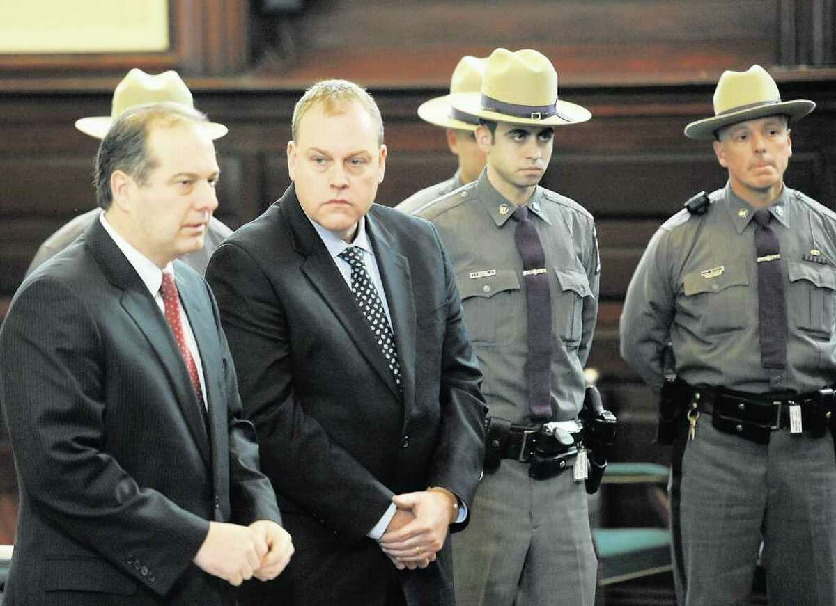 Edward McDonough Jr. appears in front of Judge George Pulver and is represented by attorney Brian Premo in the Rensselaer County Courthouse in Troy in January 2011 to face charges of ballot fraud. (Skip Dickstein / Times Union archive)