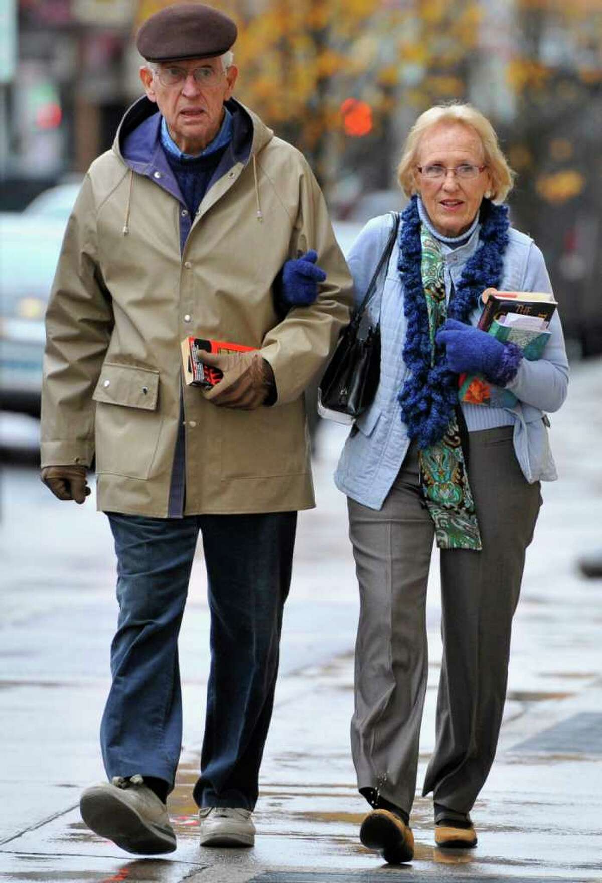 Richard and Marybelle Hawke, the parents of Jennifer Hawke-Petit, arrive at Superior Court in New Haven for the second day of jury deliberations in the penalty phase of the trial of Joshua Komisarjevsky in New Haven, Conn., Tuesday, Dec. 6, 2011. Komisarjevsky is charged with killing of Jennifer Hawke-Petit and daughters, Hayley and Michaela in a 2007 home invasion. (AP Photo/Jessica Hill)