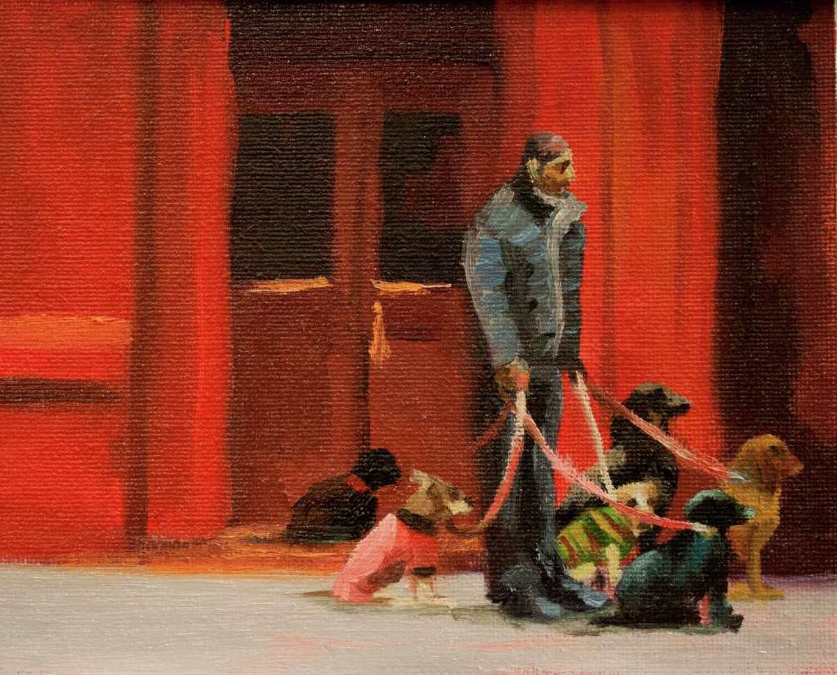 Dog Walker, a red oil on canvas by Karen Chandler.