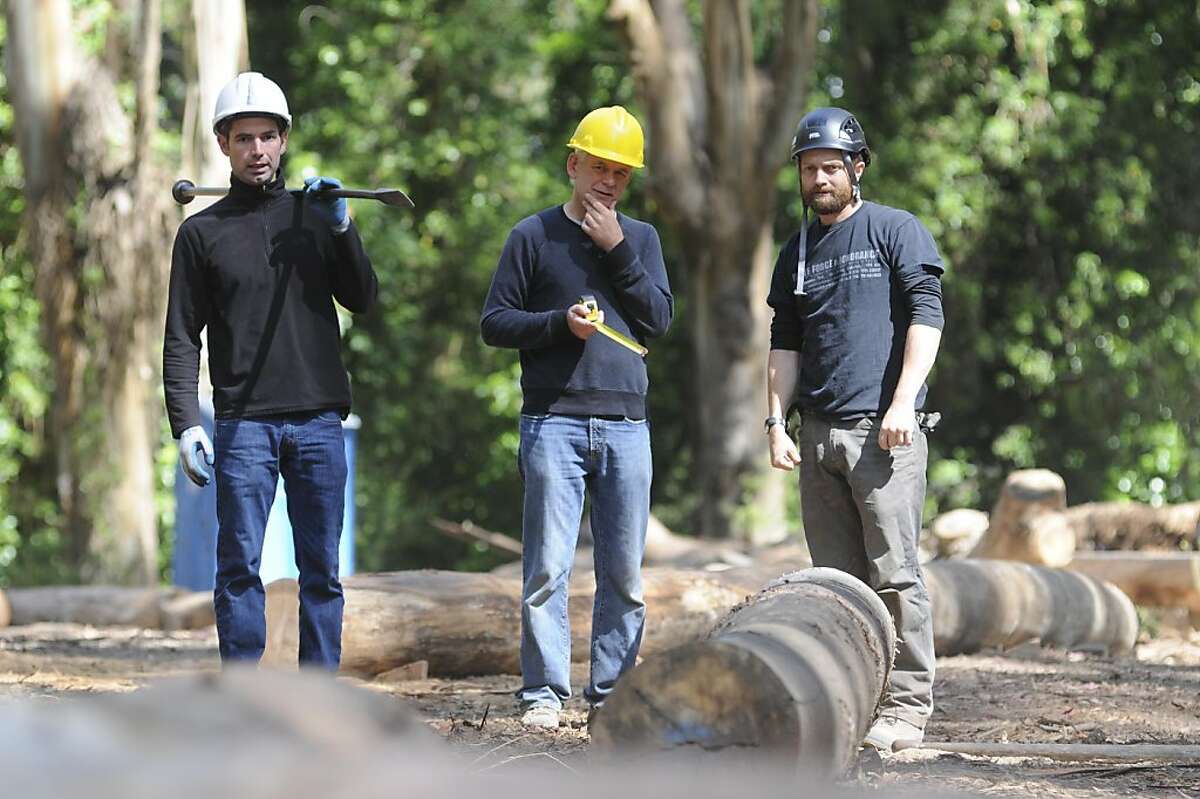 Andy Goldsworthy (center) and crew members Jacob Ehrinberg (left, has worked with Goldsworthy 10 years) and Sam Clayton (worked with Goldsworthy 4 years) choose and organize eucalyptus logs for his current project. Goldsworthy is approaching completion of "Wood Line", a landscape sculpture of eucalyptus logs that snakes around the Presidio. The project, which Goldsworthy considers a "drawing" useing the logs, is planned out as an outline before the logs are chosen and fitted at the wood dump (pictured: also at the Presidio. Once fitted, the logs are brought and, individually placed, and made flush at the Presidio site.
