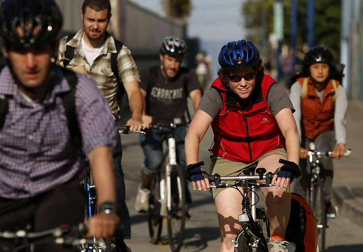 Bikers use the Wiggle route to avoid hills on their way home from work in San Francisco Calif., on July 27, 2011.