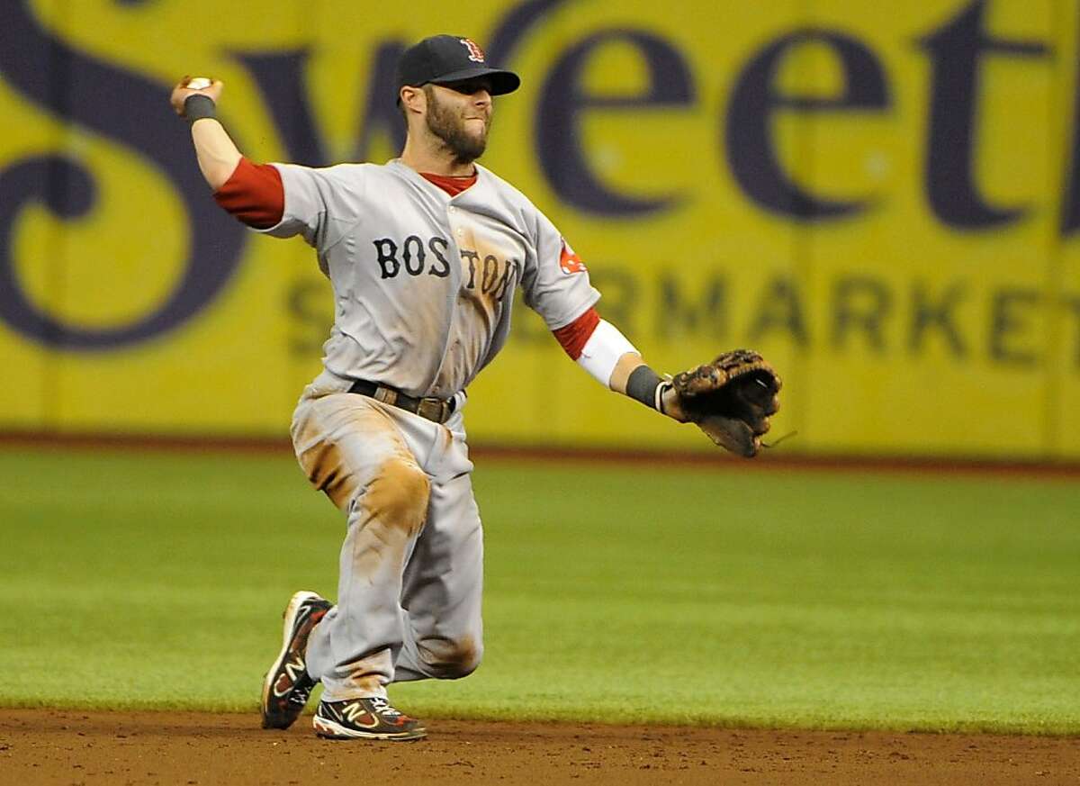 Boston Red Sox second baseman Dustin Pedroia makes the throw to first base to get the out on Tampa Bay Rays' Reid Brignac during the sixth inning of a baseball game Sunday, July 17, 2011, in St. Petersburg, Fla.