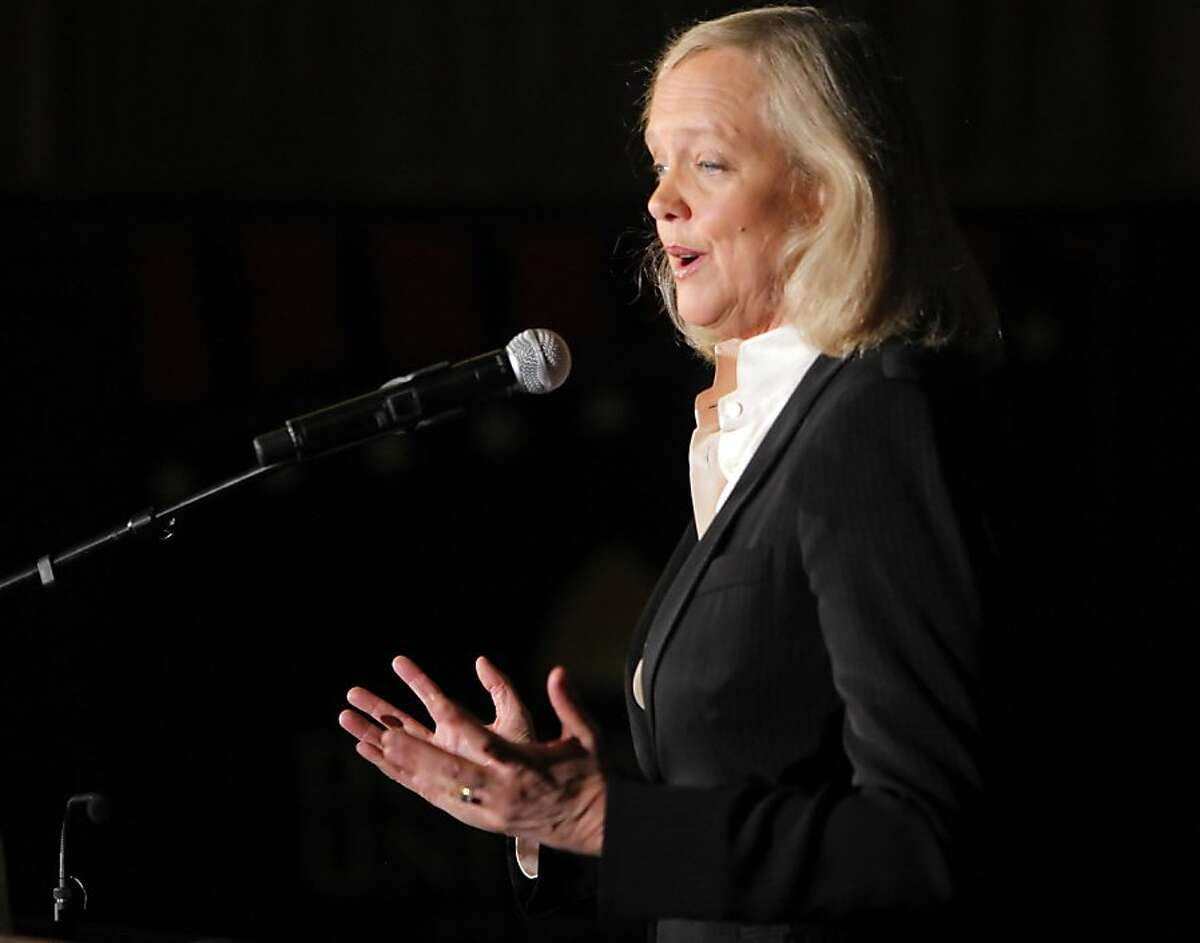 Gubernatorial candidate Meg Whitman addresses the press after she and her opponent, Jerry Brown, faced off in a debate at Dominican University in San Rafael, Calif., on Tuesday, October 12, 2010.