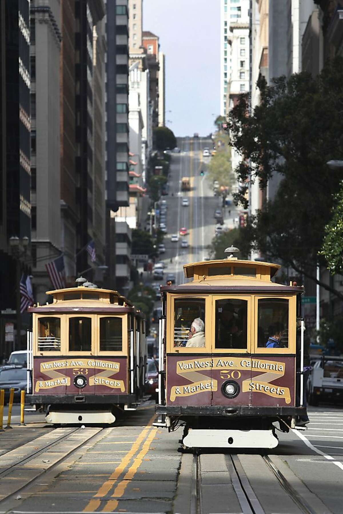 The San Francisco cable car California line moves along California street in San Francisco, Calif. on Wednesday, March 24, 2010. The California line will be closed beginning January 1 to July 1 for repairs and rebuilding funded through Measure K, the San Francisco transportation sales tax.