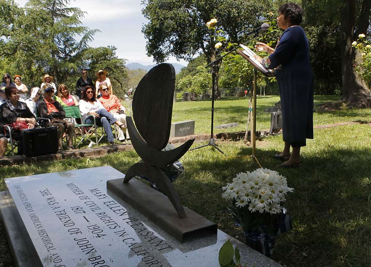 Dr. Susheel Bibbs, a Mary Ellen Pleasant scholar, speaks at the gravestone dedication for Mary Ellen Pleasant, a prominent figure in the Civil Rights movement at Tulocay Cemetery in Napa, Calif., on Saturday, June 11, 2011. Dr. Bibbs has done international research on Pleasant as well enactments (chautauquas), based on her research.
