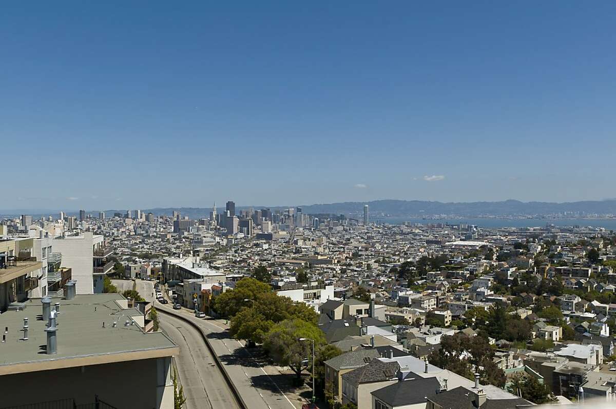 The balconies provide panoramic views of San Francisco, the Bay and the Sutro Tower.