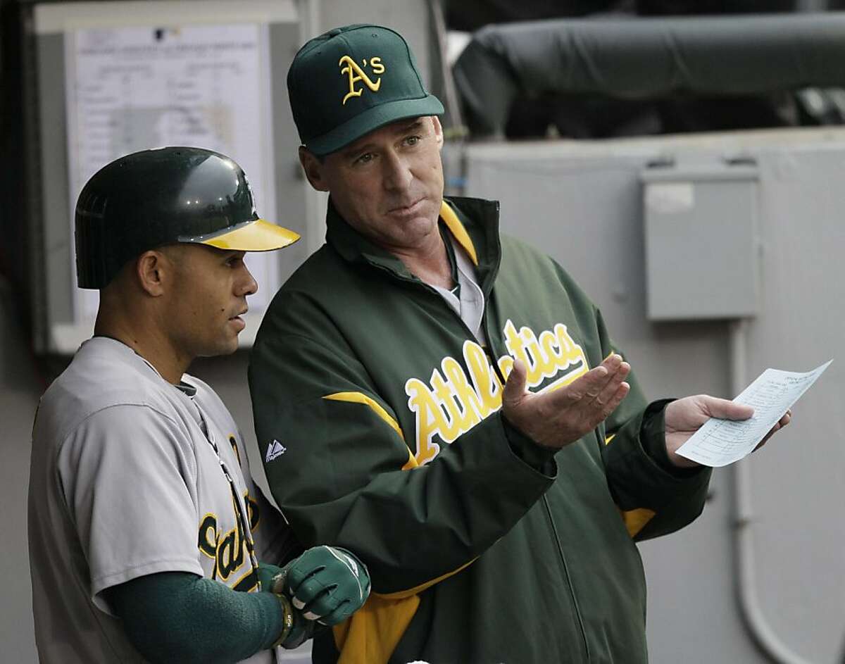Oakland Athletics manager Bob Melvin, right, talks with Coco Crisp before a baseball game against the Chicag White Sox in Chicago, Thursday, June 9, 2011.