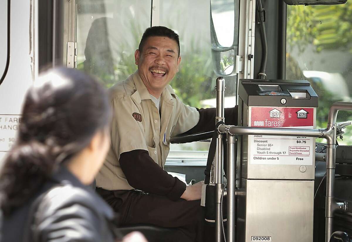 A Muni bus driver has a laugh with a rider at Geary and Masonic. San Francisco Municipal Transit operators vote on ratification of a new contract in San Francisco, Calif., on May 8th, 2011.