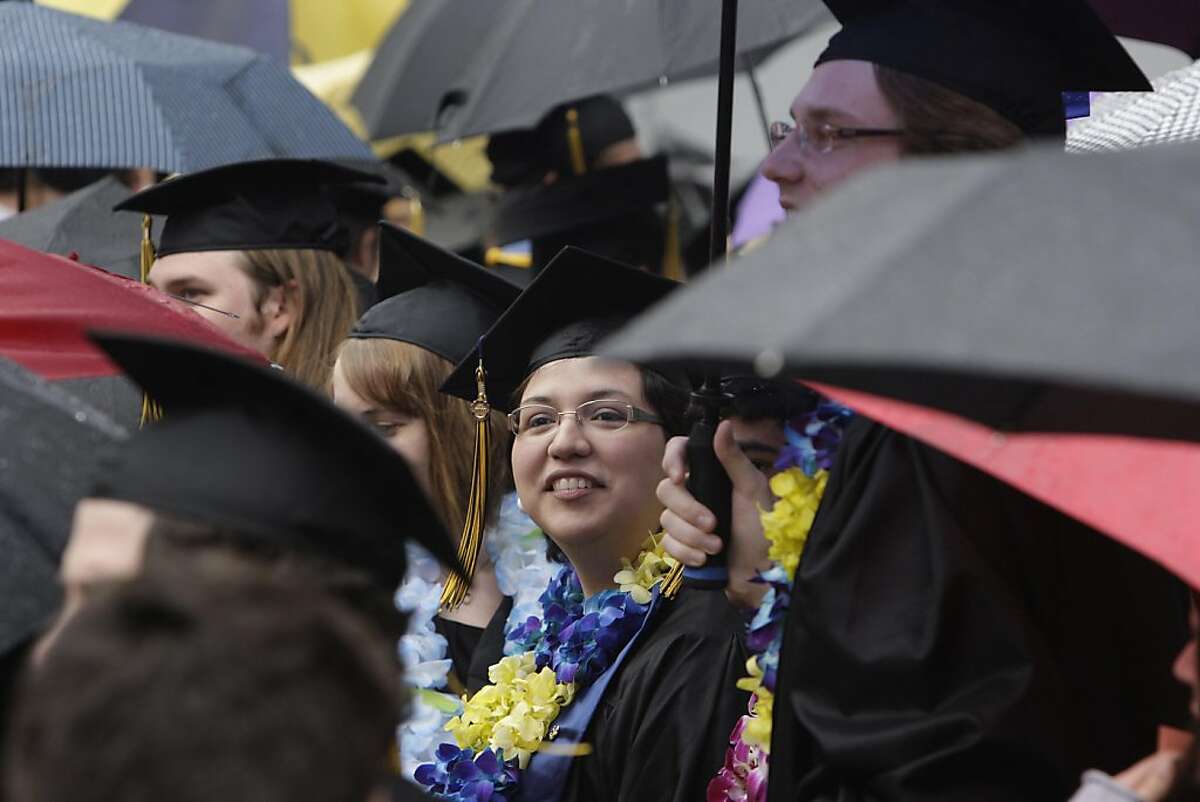 Paula Villescaz looks over the crowd assembled at the Greek Theater for the UC Berkeley political science department graduation before the start of the graduation ceremony in Berkeley, Calif., Monday, May 16, 2011.