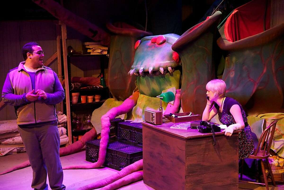Seymour (John R. Lewis, left) and Audrey (Bryn Laux) disagree while her namesake killer plant listens in the background in Boxcar's "Little Shop of Horrors"