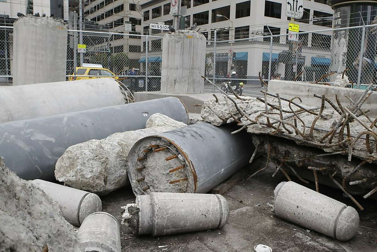 Salvaged pieces of the old Transbay Terminal are now piled on the corner of Mission St and Fremont St in San Francisco, Calif. in preparation for artist Tim Hawkinson's 40-foot-tall sculpture. The sculpture will stand on the same corner at the front of the new Terminal. Photographed on Friday, June 3, 2011.