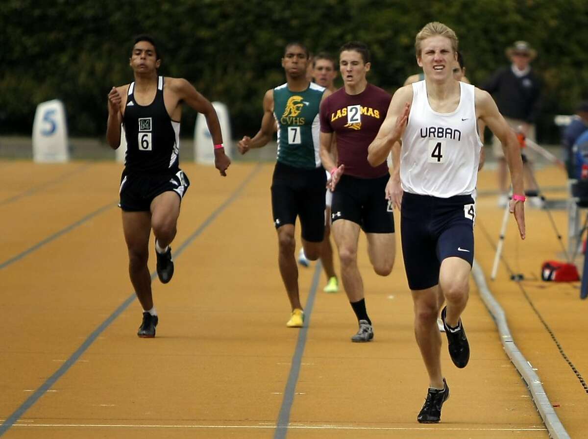 Cole Williams of Urban School (center) races to the finish of the 800 meter race. Williams won with a time of 1:52.56 at Edwards Stadium, UC Berkeley, in Berkeley, Calif., on Saturday, May 28, 2011.