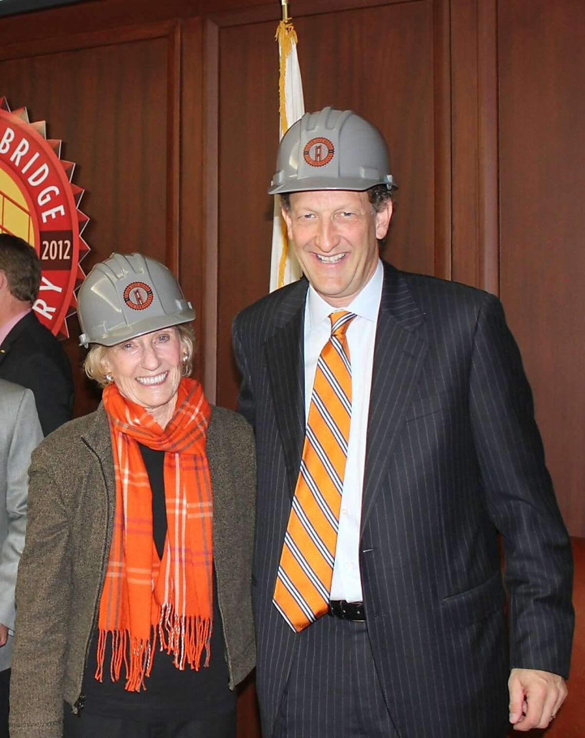 Golden Gate Bridge 75th Anniversary chairs Presidio Trust President Nancy Bechtle and SF Giants President Larry Baer. May 2011. By Mary Currie.
