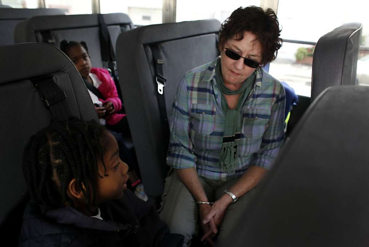 Barbara Donovan, who has been driving a school bus in San Francisco for 40 years, greets a young passenger ready to go home from school at Hillcrest Elementary on Wednesday May 25, 2011 in San Francisco, Calif.