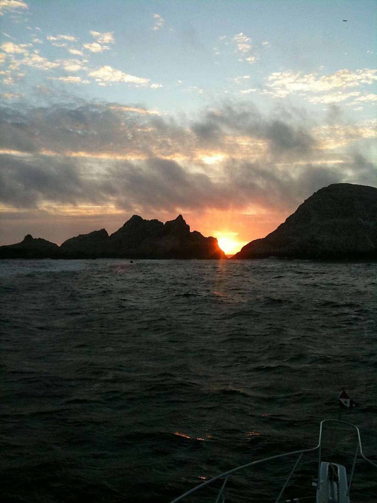 The view of the Farallones as swimmers from the Dolphin Club completed a relay swim from San Francisco to the islands. This photo was taken at 8 p.m. on May 20, 2011.