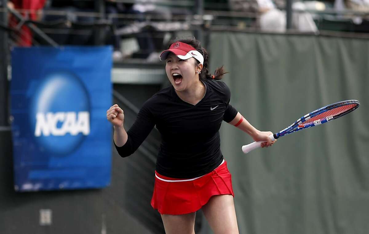 The Stanford Cardinals Veronica Li reacts as she and doubles partner Nicole Gibbs defeat the Georgia Bulldogs Lilly Kimbell and Kate Fuller in the Women's Quarterfinals 2011 NCAA Division 1 Tennis Championships, Sunday May 22, 2011, in Stanford, Calif.