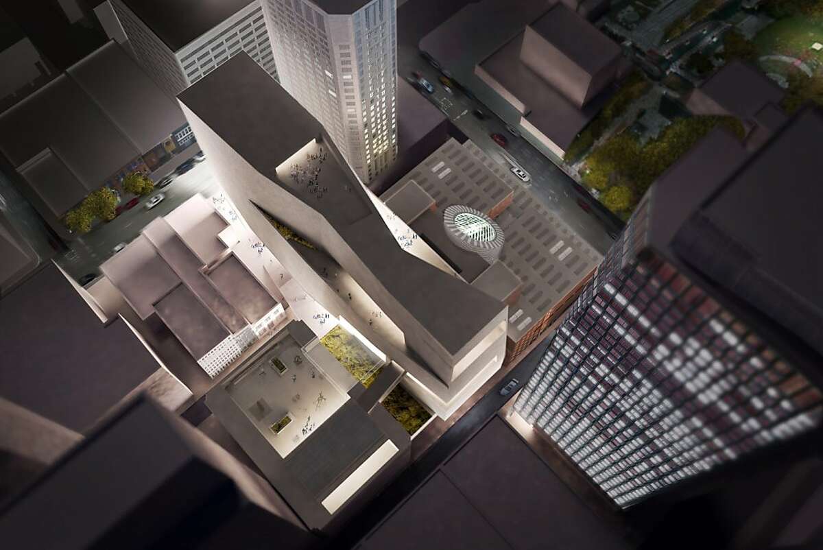 An aerial view of the model of the design concept for the proposed expansion of SFMOMA, which would rise to the east of the institution's current home.